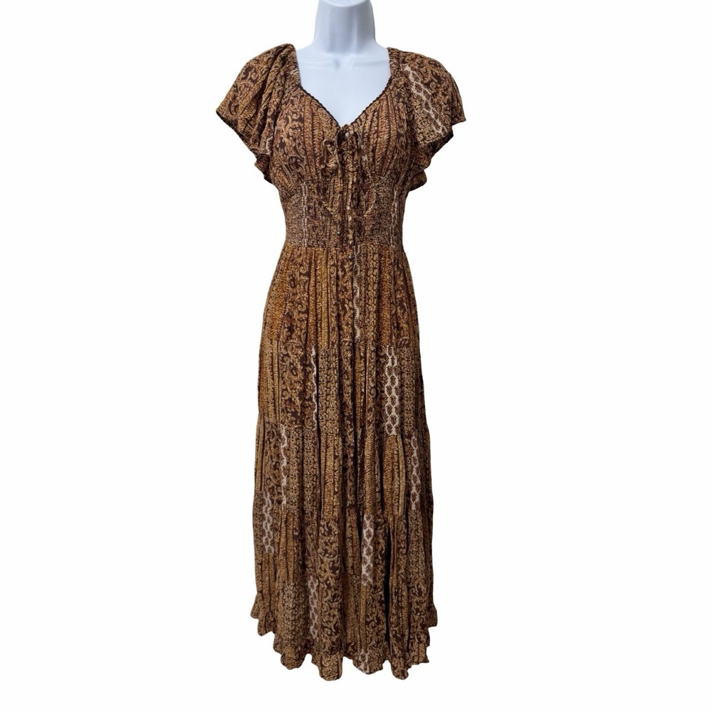 Angie Womens Patchwork Smocked Babydoll Midi Dress Size M Floral Boho Hippie